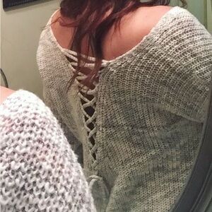 Lush Off-the-Shoulder Gray Sweater with Lace-Up Back